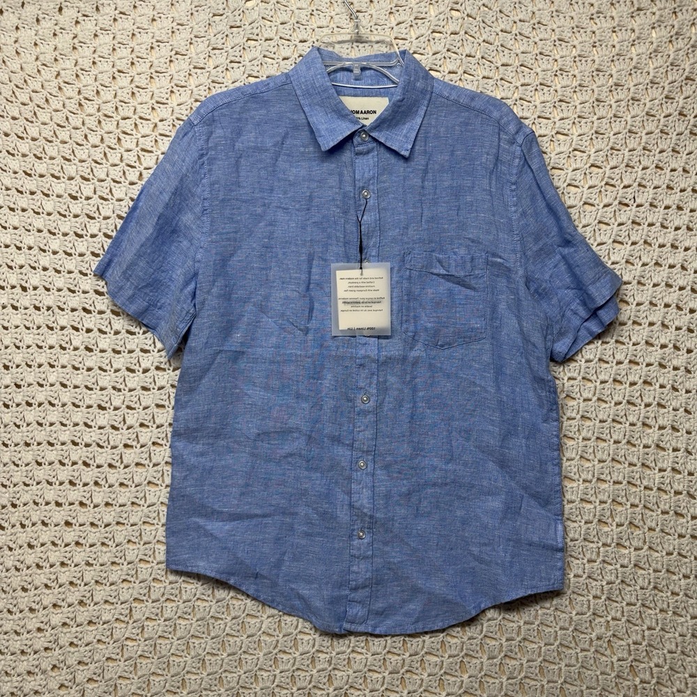 NWT Thom Aaron Shirt Men M Blue 100% Linen Short Sleeve Button Up Lightweights